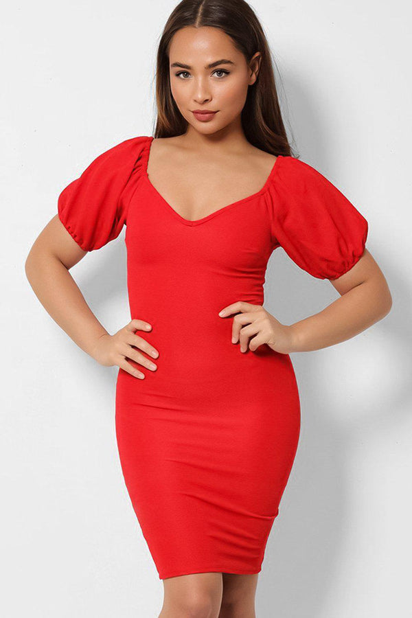Solid Red V-Neck Puff Sleeves Mini Bodycon Dress-SinglePrice
