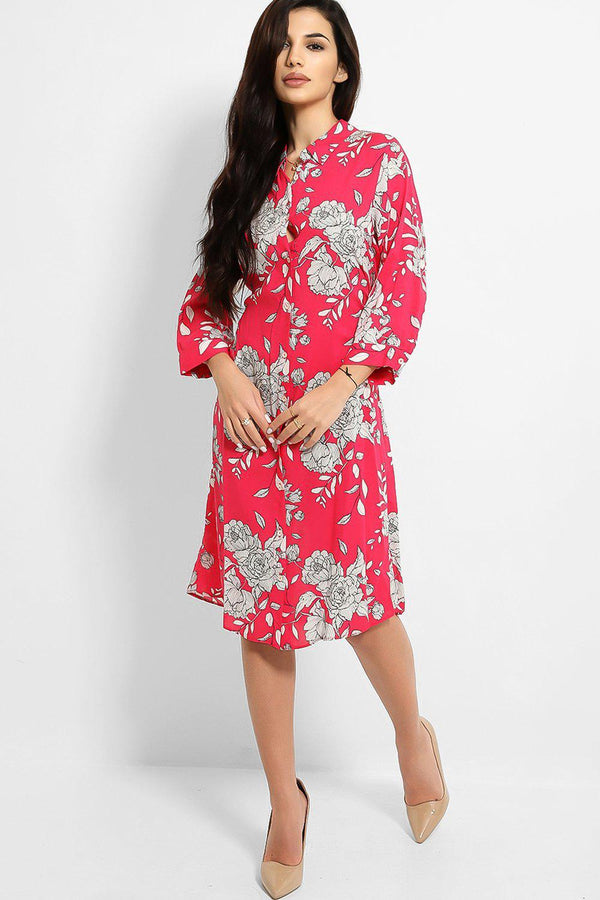 Hot Pink Monochrome Floral Print Waist-Belt Shirt Dress - SinglePrice