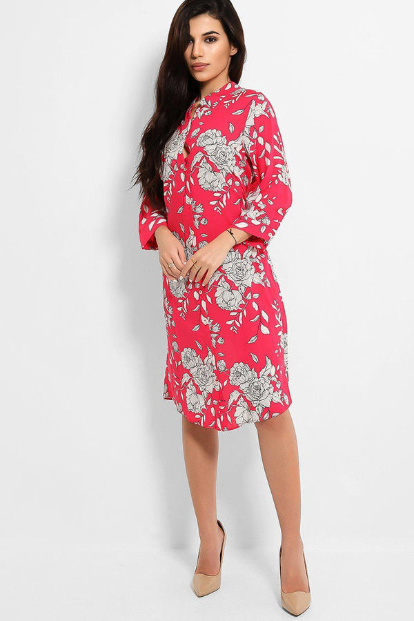 Hot Pink Monochrome Floral Print Waist-Belt Shirt Dress - SinglePrice