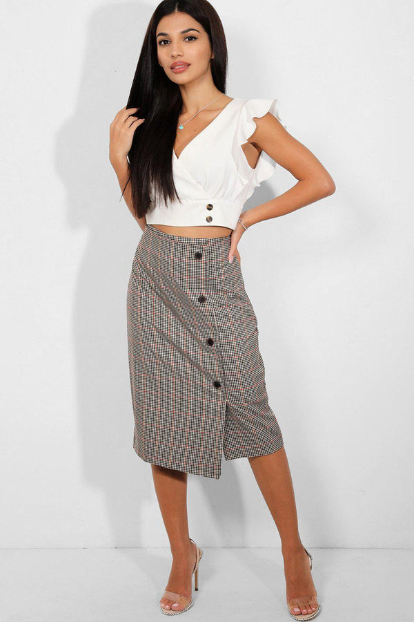 Beige Dogtooth Check Print Button Details Midi Skirt - SinglePrice