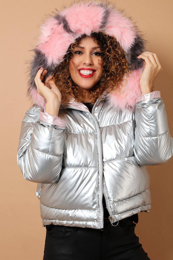 Metallic Pink Silver Detachable Faux Fur Hood Puffer Jacket-SinglePrice