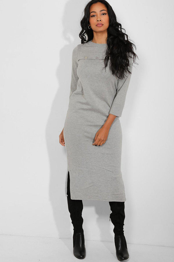 Maternity Grey Side Splits Button Details Flat Knit Maxi Dress-SinglePrice
