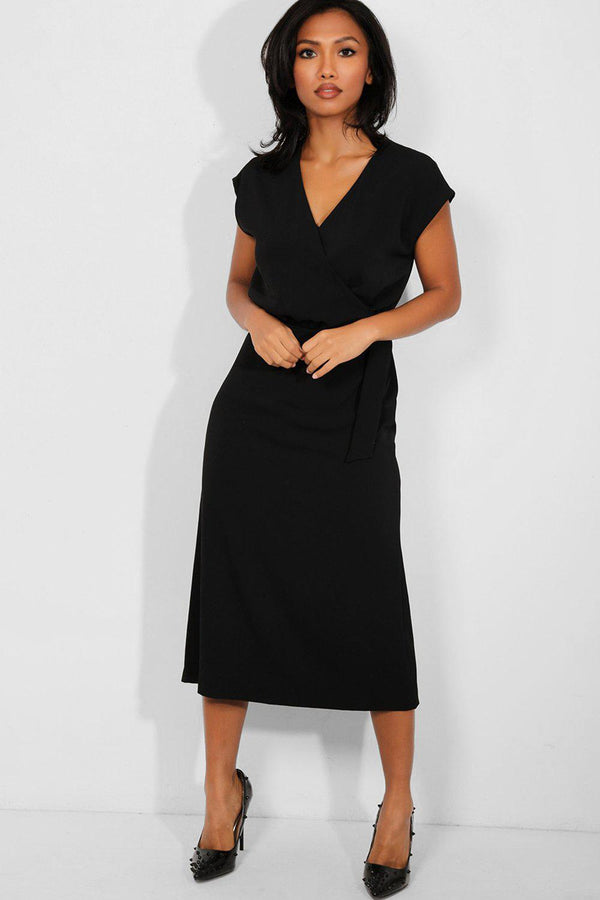 Black Wrap Plunge Neck Smart Casual Midaxi Dress - SinglePrice