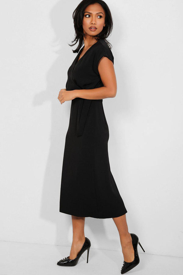 Black Wrap Plunge Neck Smart Casual Midaxi Dress - SinglePrice
