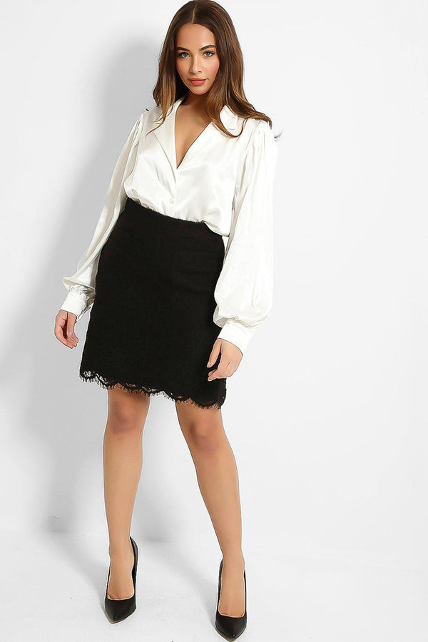 Black Lace Front Pockets Scallop Hem Skirt - SinglePrice