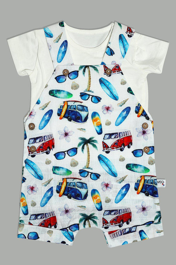 White Tropical Print Baby Dungaree Shorts And Tee-SinglePrice