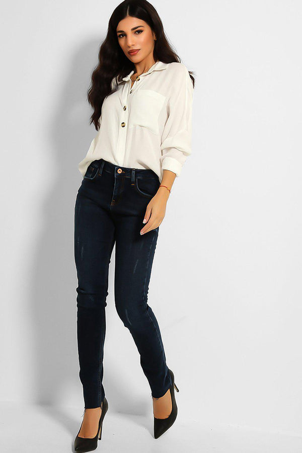 Navy Copper Button Distressed Jeans-SinglePrice