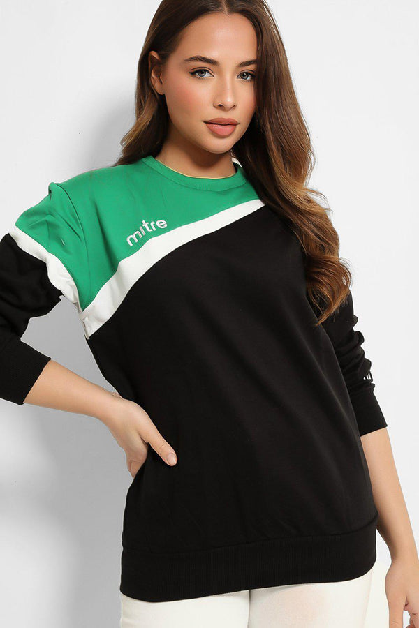 Black Green Slogan Colourblock Sweatshirt-SinglePrice