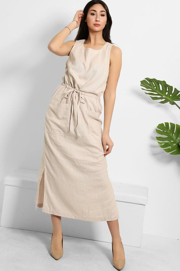 Beige Pinstripe Linen Blend Midi Dress-SinglePrice