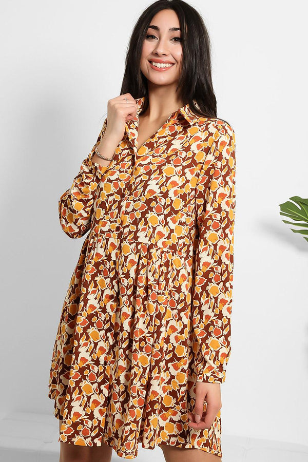 Brown Abstract Print Babydoll Shirt Dress-SinglePrice