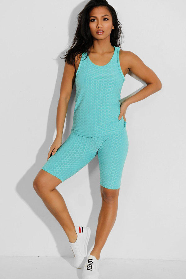 Blue Ruched Cycling Shorts And Top 2 Piece Tracksuit-SinglePrice