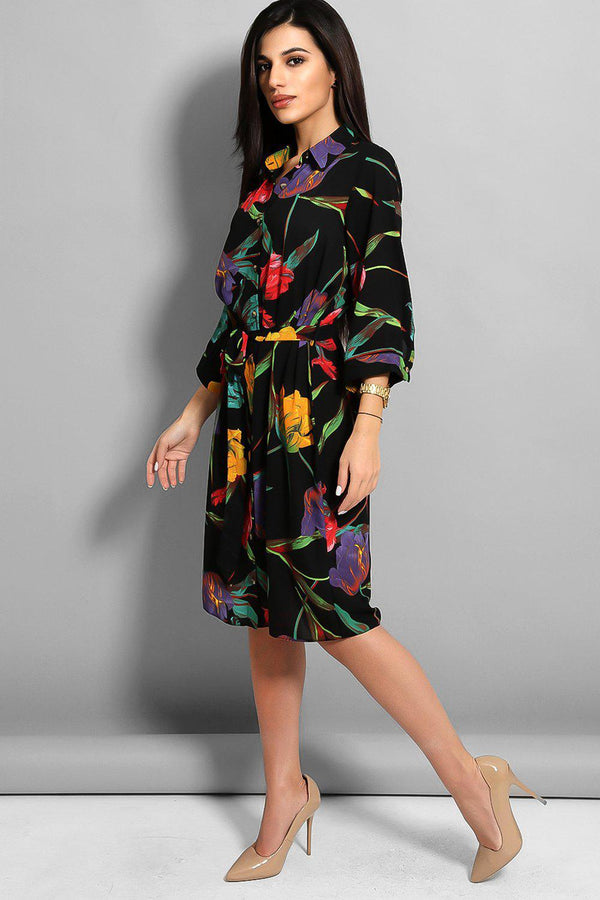 Black Multicolour Floral Print Self Tie Shirt Dress - SinglePrice