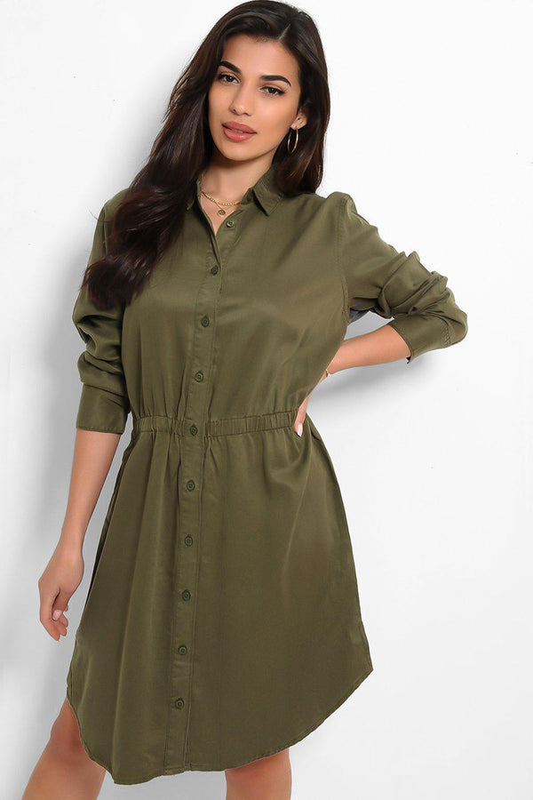 Khaki Thin Denim Elastic Waist Shirt Dress-SinglePrice