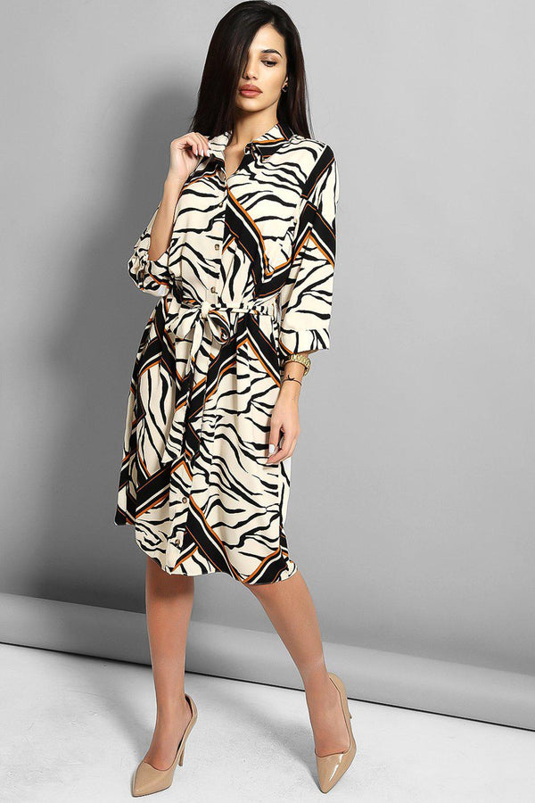 Beige Zebra Panels Print Self Tie Shirt Dress - SinglePrice