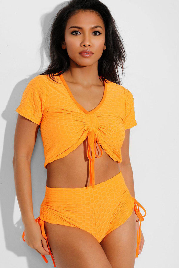 Neon Orange Ruched Drawstring Shorts And Crop Top 2 Piece Tracksuit-SinglePrice