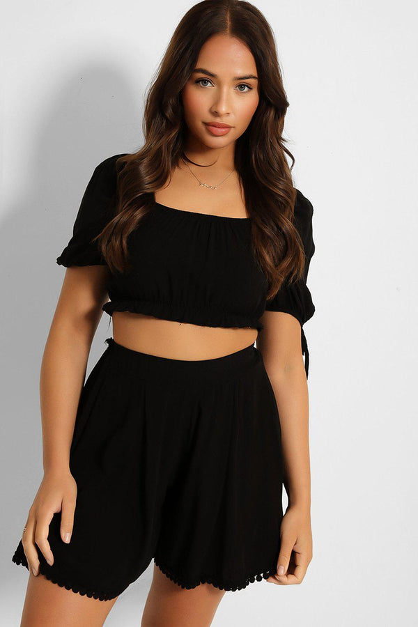 Puff Sleeve Crop Top And Pleated Shorts Set - SinglePrice