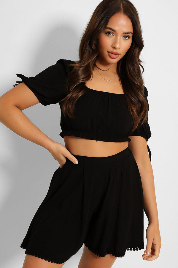 Puff Sleeve Crop Top And Pleated Shorts Set - SinglePrice