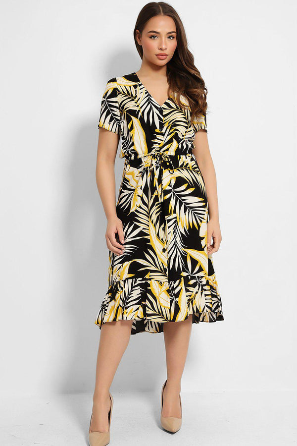 Yellow Palm Leaves Print Frilled Hem Shirt Dress - SinglePrice