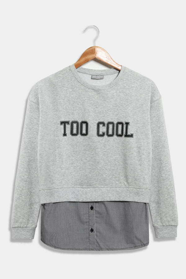 Grey Black Check Shirt Insert TOO COOL Slogan Sweatshirt - SinglePrice
