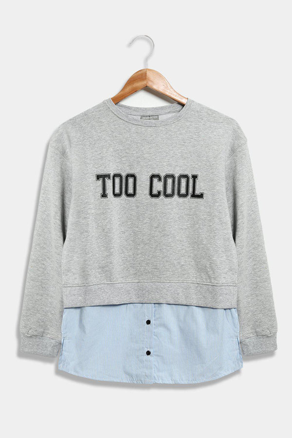 Grey Blue Stripe Shirt Insert TOO COOL Slogan Sweatshirt - SinglePrice