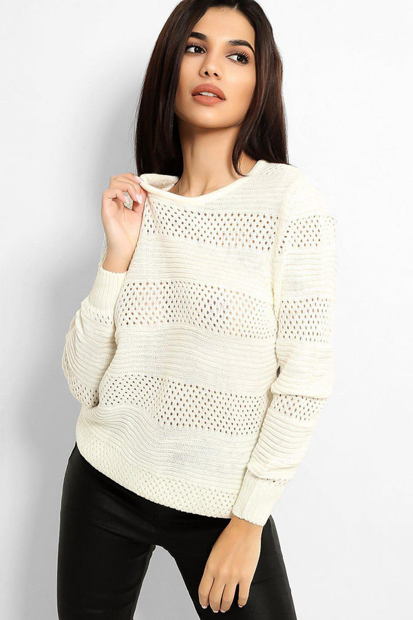 Cream Perforated Panels Rib Knit Pullover - SinglePrice