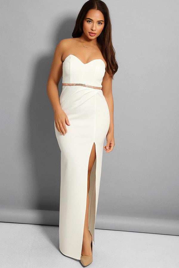 White Rose Gold Detail High Leg Split Bandeau Maxi Dress-SinglePrice