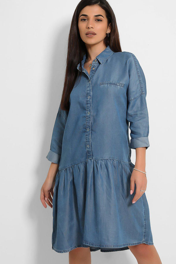 Blue Thin Denim Drop Waist Shirt Dress - SinglePrice