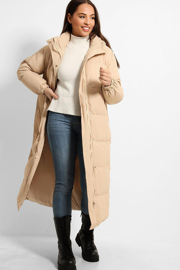High Neck Quilted Opening Sides Midi Puffer Parker Jacket-SinglePrice