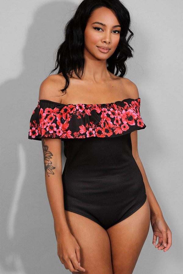 Black Floral Print Layered Off Shoulder Bodysuit-SinglePrice