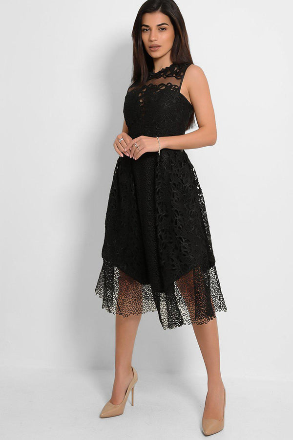 Black Crochet Lace Sleeveless Midi Dress-SinglePrice
