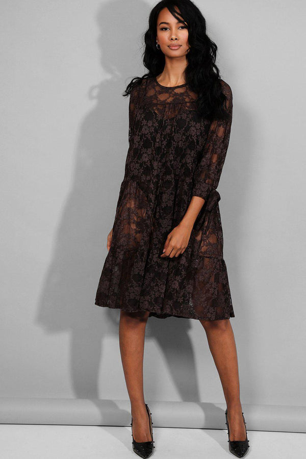 Brown Delicate Lace Tiered Midi Dress - SinglePrice