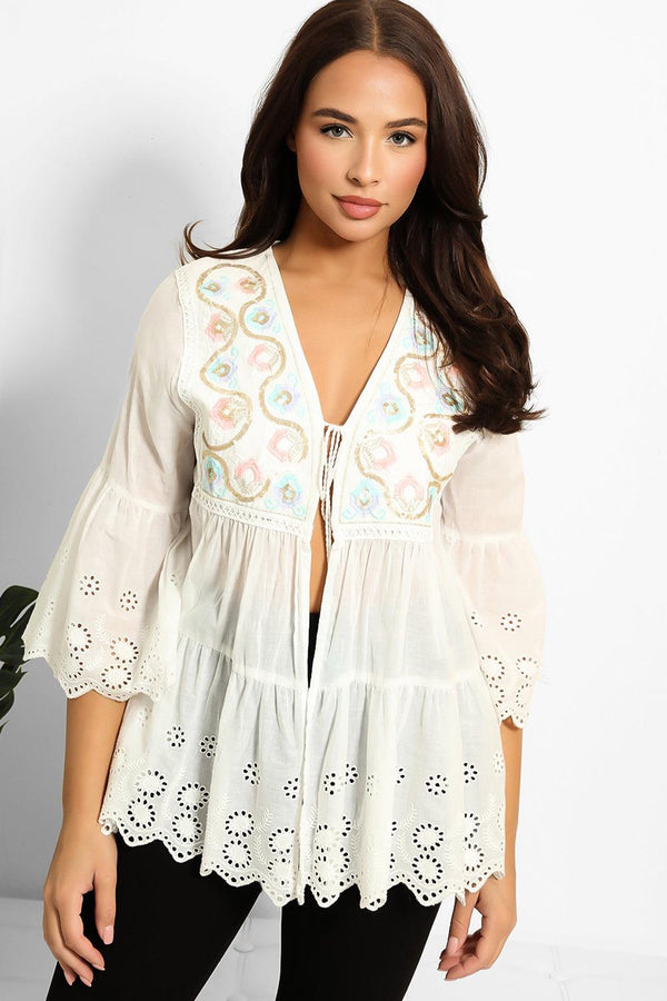 White Embroidered Front Tie Kaftan Top-SinglePrice