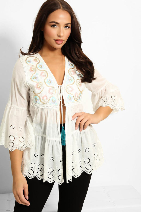 White Embroidered Front Tie Kaftan Top-SinglePrice