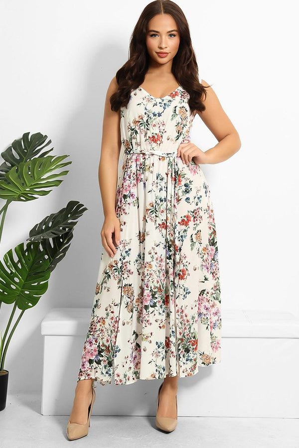 Floral Print Belted Sleeveless Midi Dress-SinglePrice