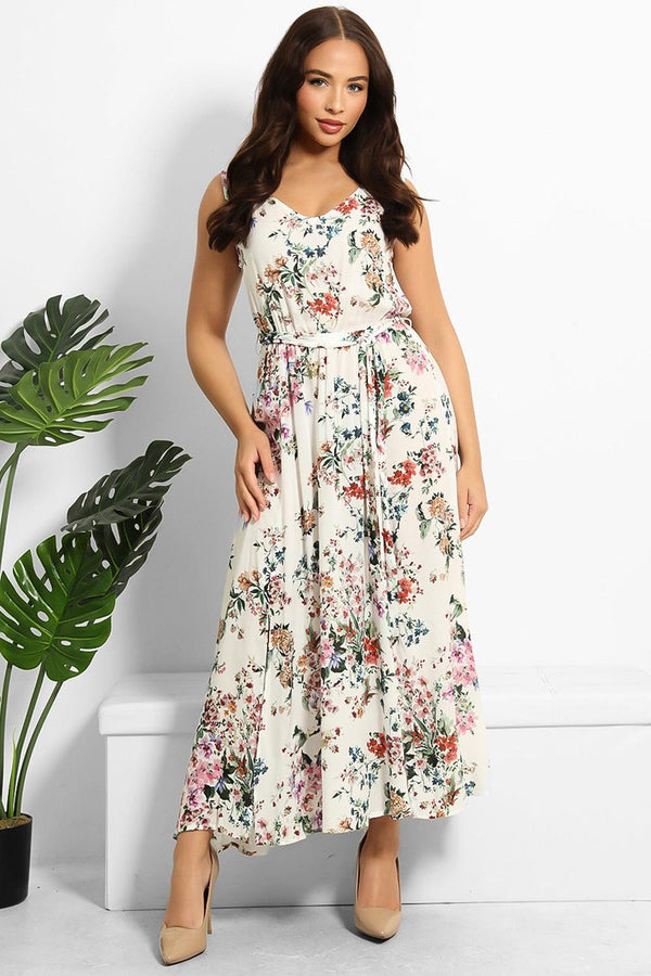 Floral Print Belted Sleeveless Midi Dress-SinglePrice