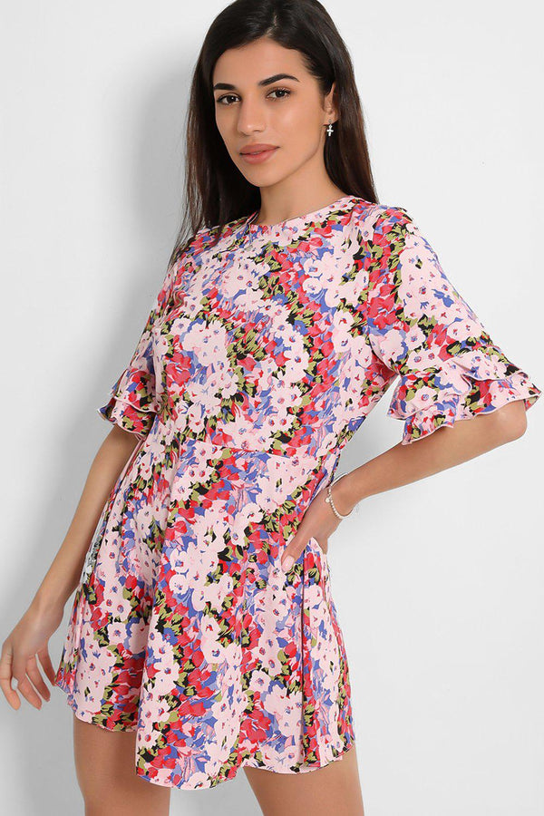 Pink Floral Print Frill Sleeves Top-SinglePrice