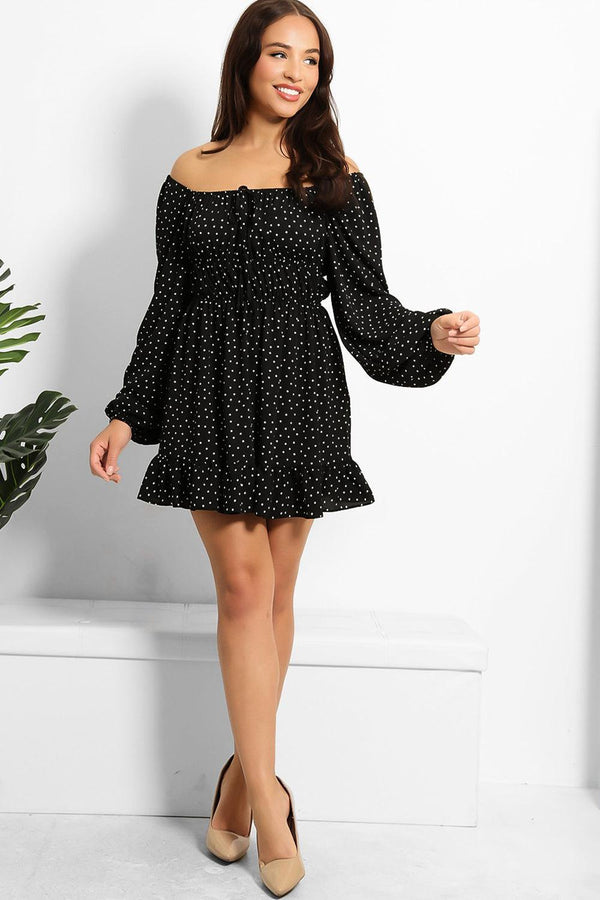 Black Polka Dot Shirred Bust Milkmaid Mini Dress-SinglePrice