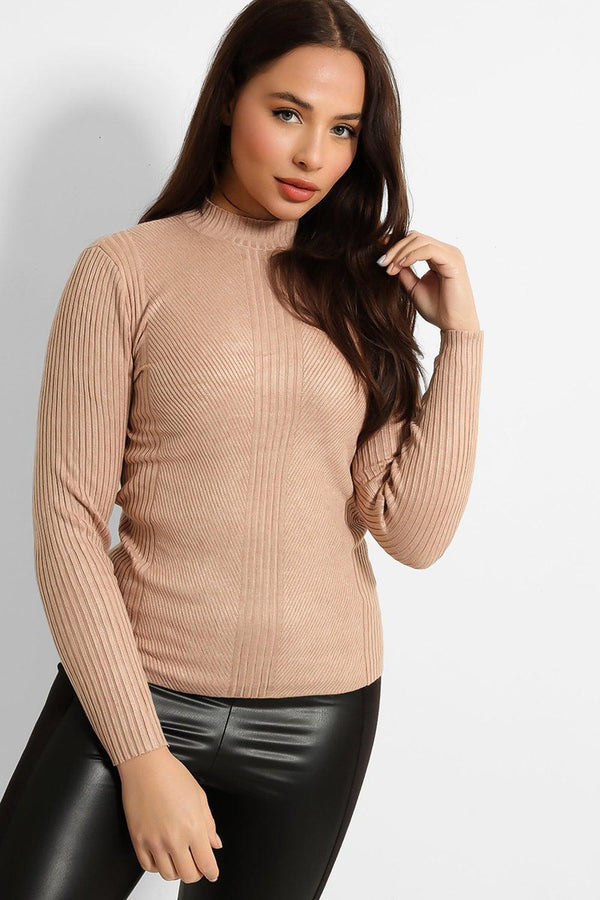 Nude High Neck Ribbed Knit Pullover-SinglePrice