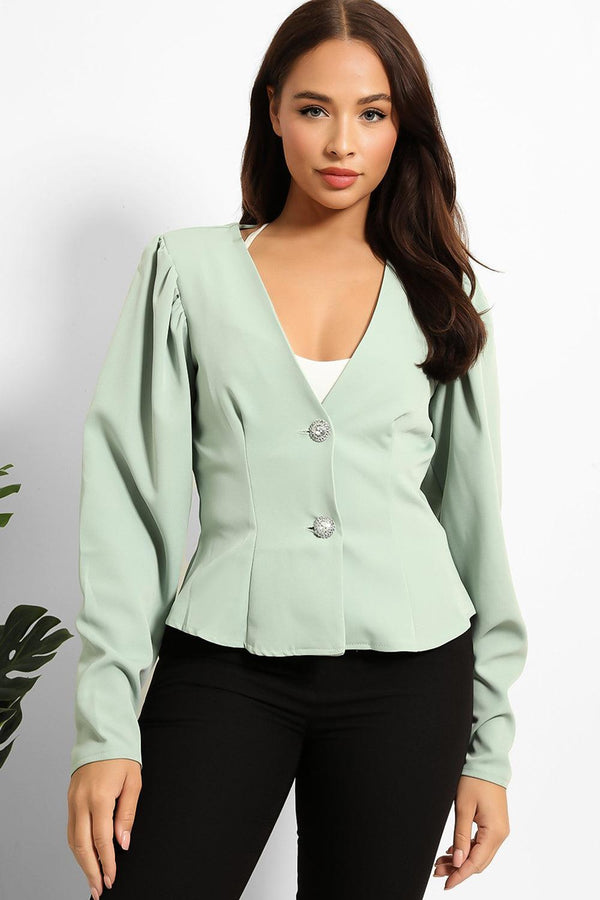 Crystal Buttons Puff Shoulders Mint Blazer-SinglePrice