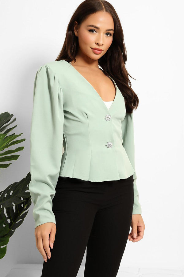 Crystal Buttons Puff Shoulders Mint Blazer-SinglePrice