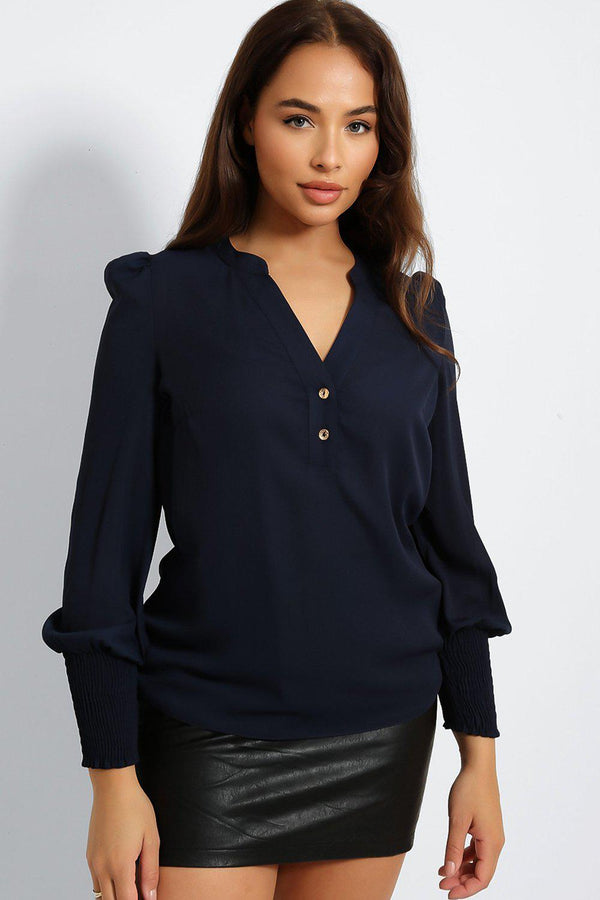 Gold Button V-Neck Puff Sleeve Blouse-SinglePrice
