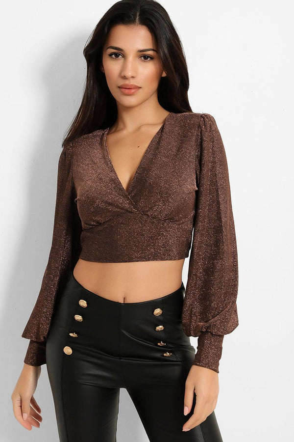 Deep Plunge Cropped Shimmer Top-SinglePrice