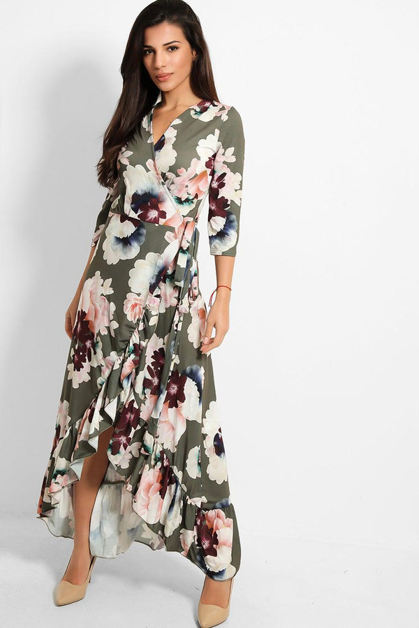 Floral Print Frilled Wrap Dress-SinglePrice