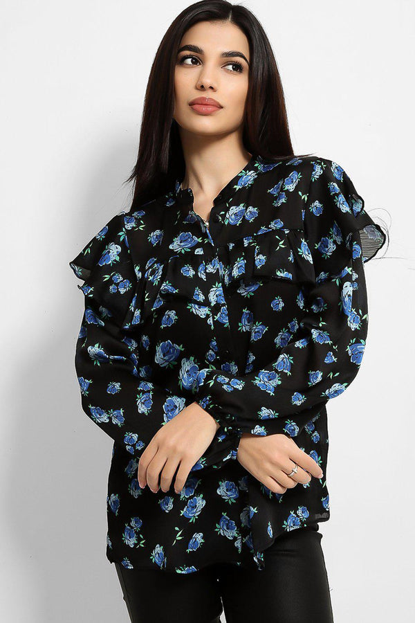 Black Blue Floral Print Frill Details Shirt Blouse - SinglePrice