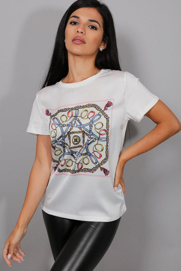 White Satin Scarf Print T-Shirt - SinglePrice