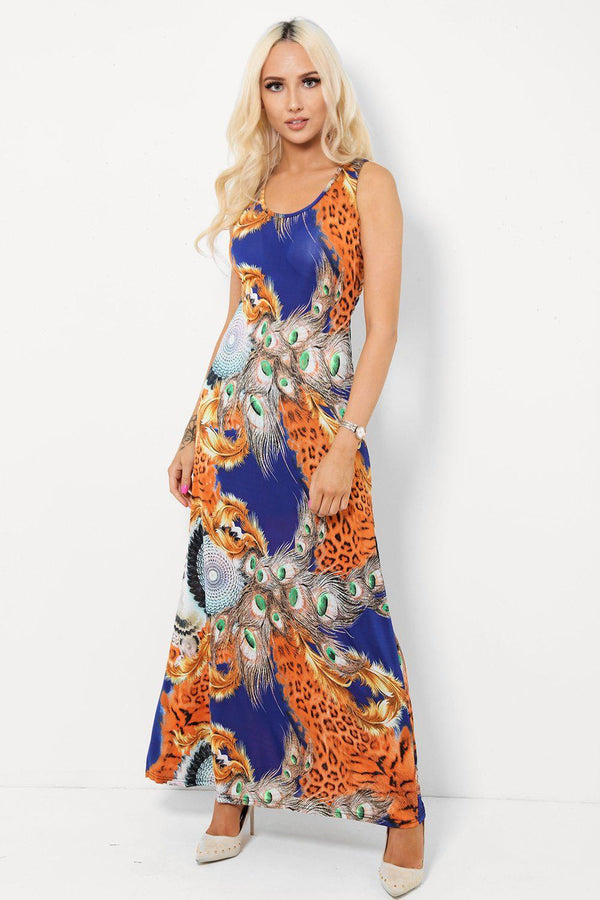 Leopard Print And Peacock Navy And Orange Maxi Dress - SinglePrice