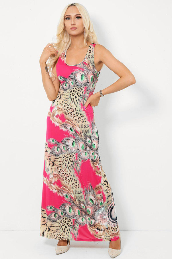 Leopard Print And Peacock Fuchsia And Beige Maxi Dress - SinglePrice