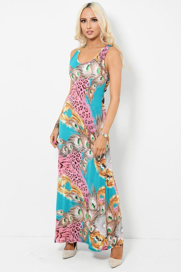 Leopard Print And Peacock Teal And Pink Maxi Dress - SinglePrice