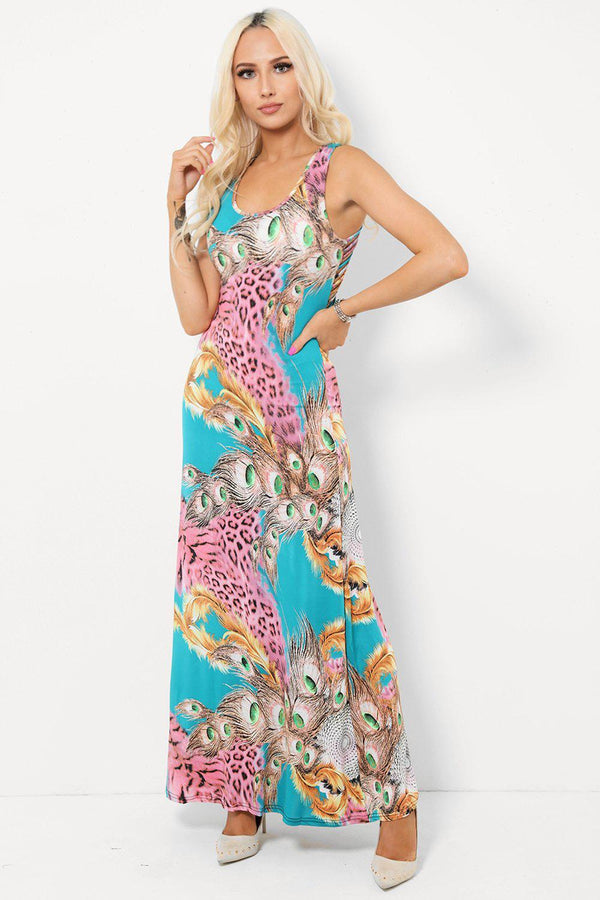 Leopard Print And Peacock Teal And Pink Maxi Dress - SinglePrice