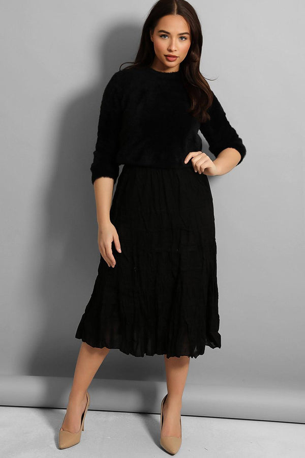 Black Wrinkled Cotton Midi Skirt-SinglePrice